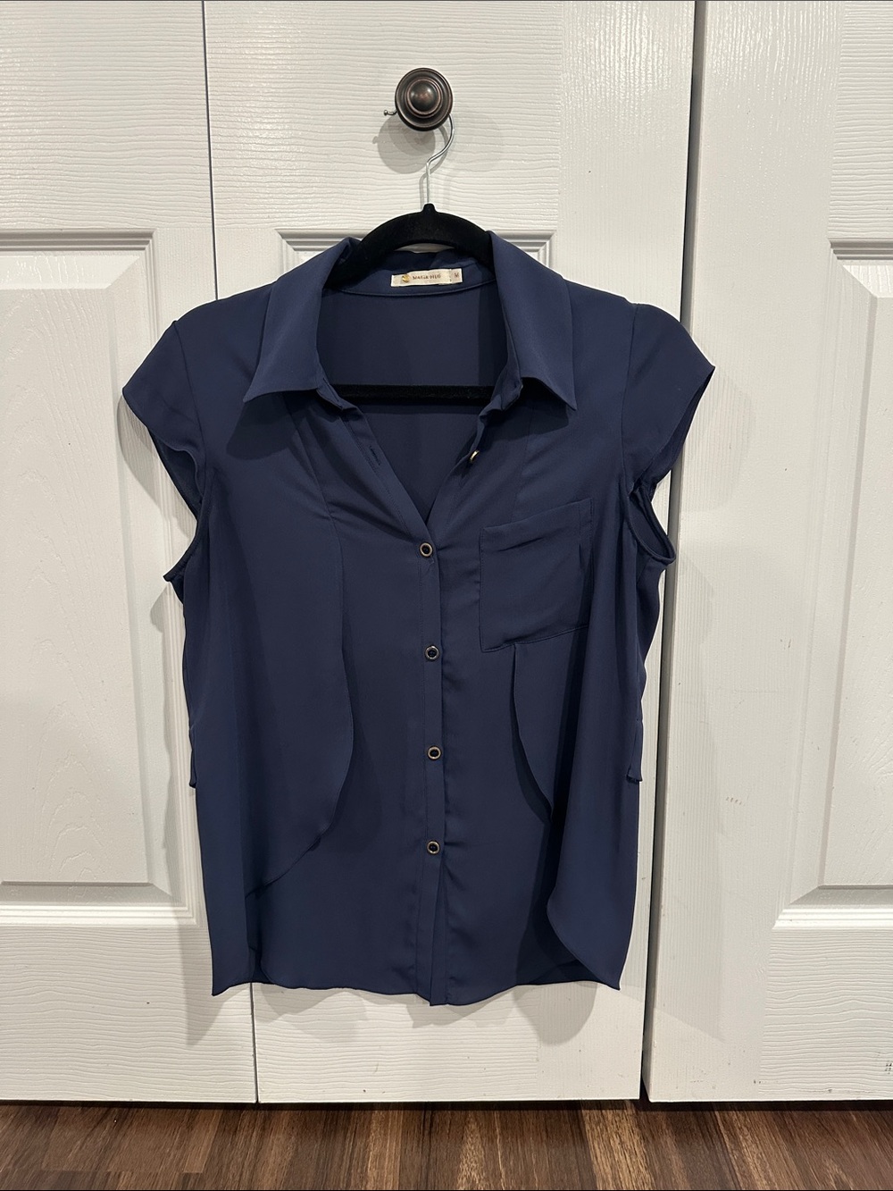 Cap-Sleeve Navy Button-Front Blouse
